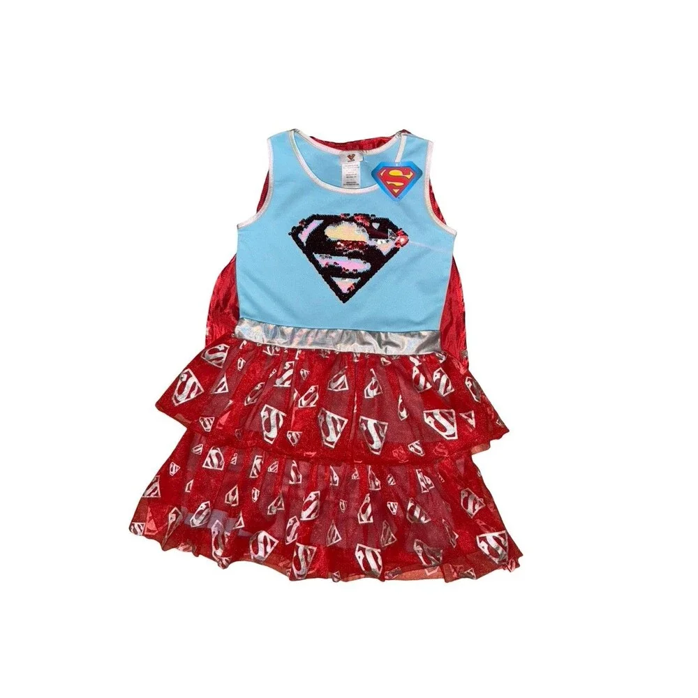 DC Supergirl Costume Dress Girls Sequin Logo Cape Red Blue Size XS New